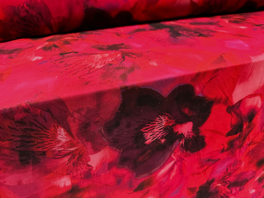 Power mesh net stretch spandex fabric, per metre - orchid flower print - cherry red & purple