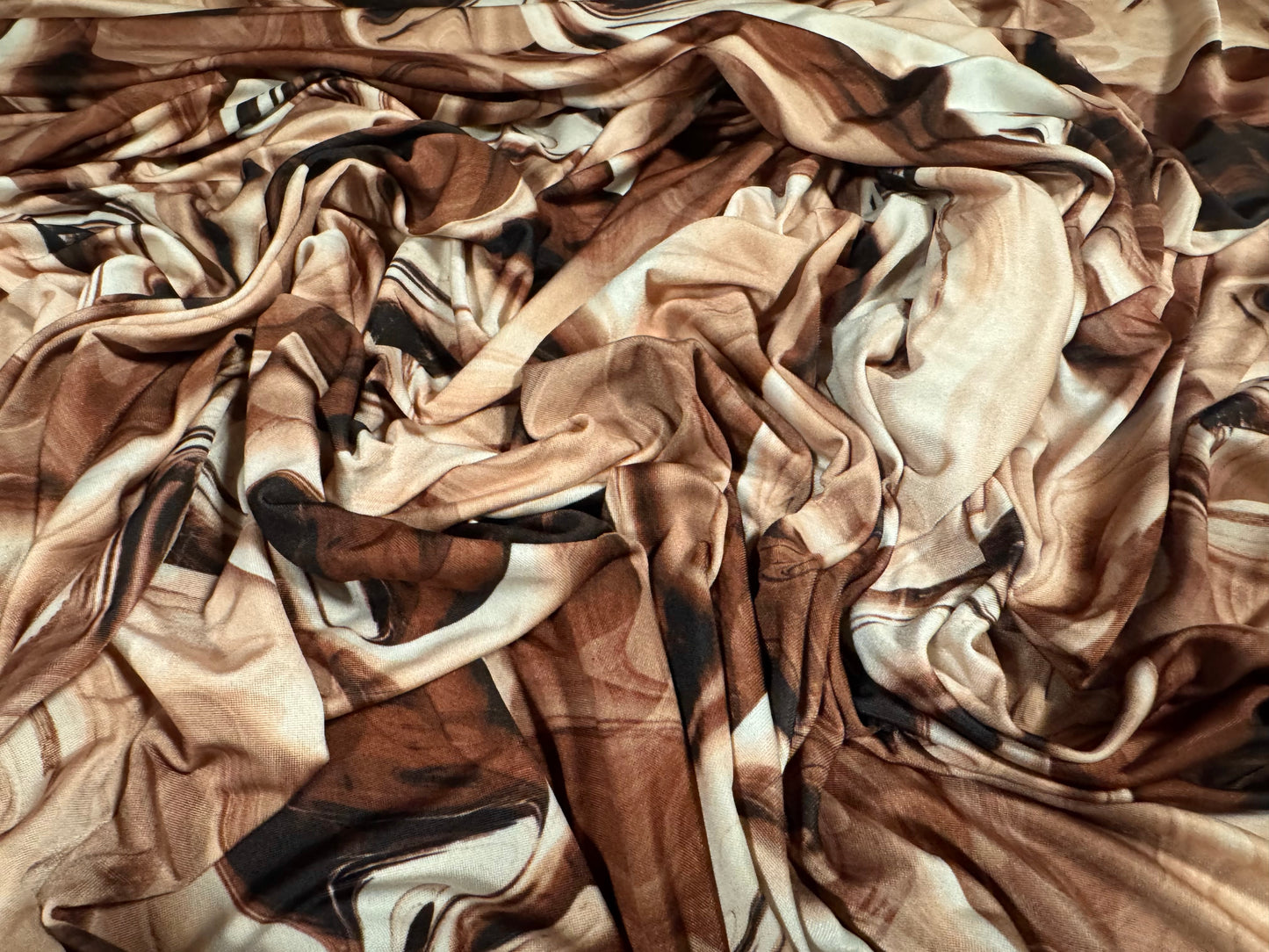Soft touch stretch spandex jersey fabric, per metre - marbled print - brown