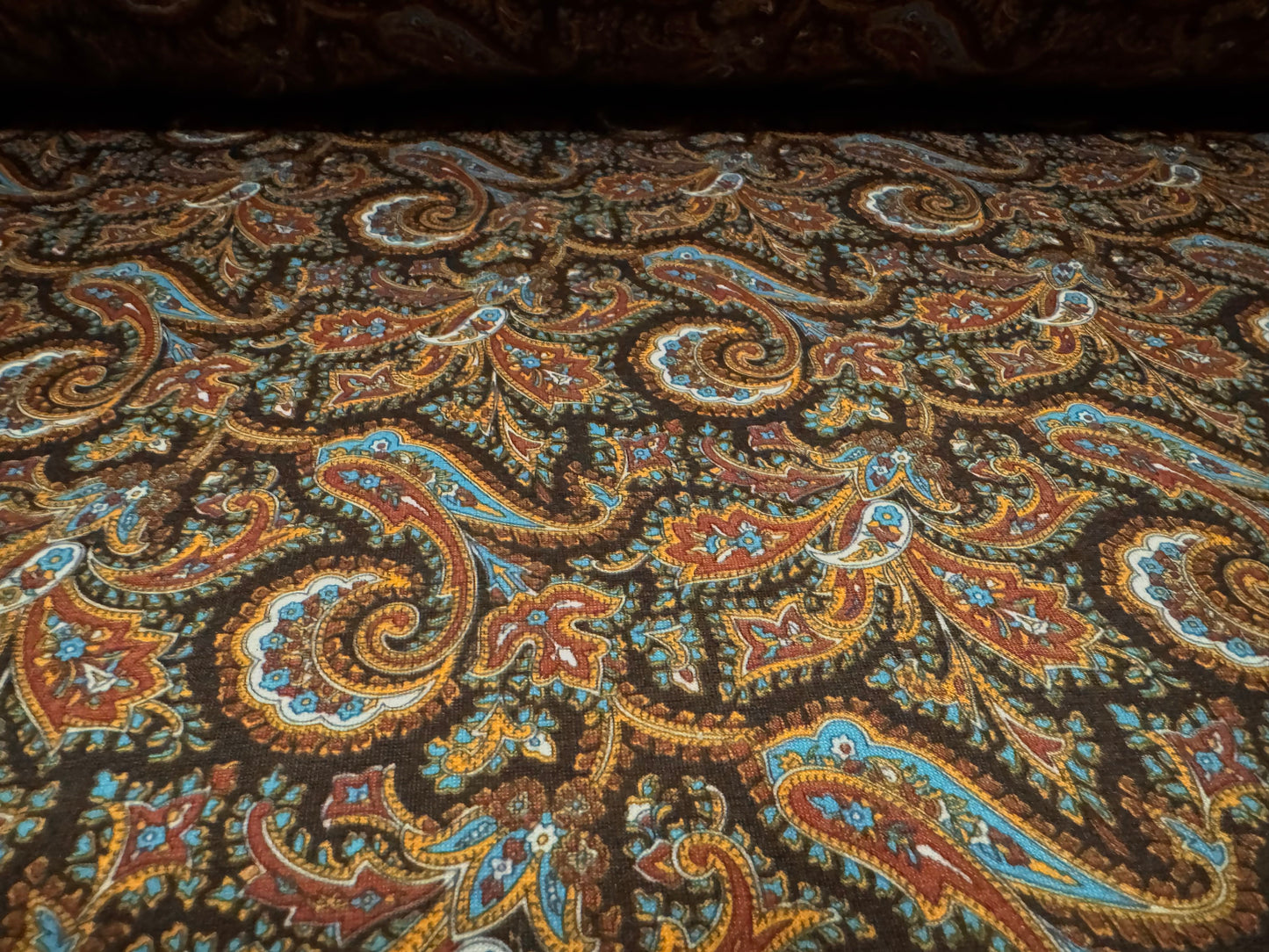 Soft handle single jersey fabric, per metre - paisley print - brown & blue