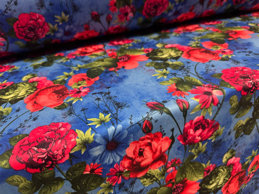 Scuba stretch spandex double jersey dress fabric, per metre - rose floral print - blue & pink