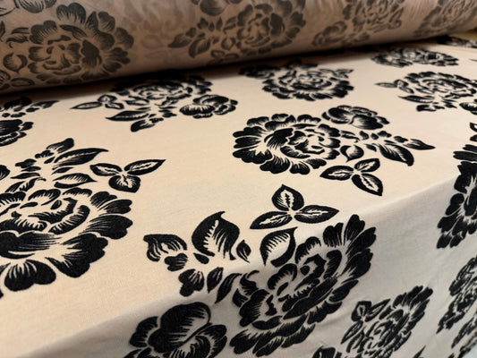 Chiffon jersey fashion fabric, per metre - flocked rose print - stone