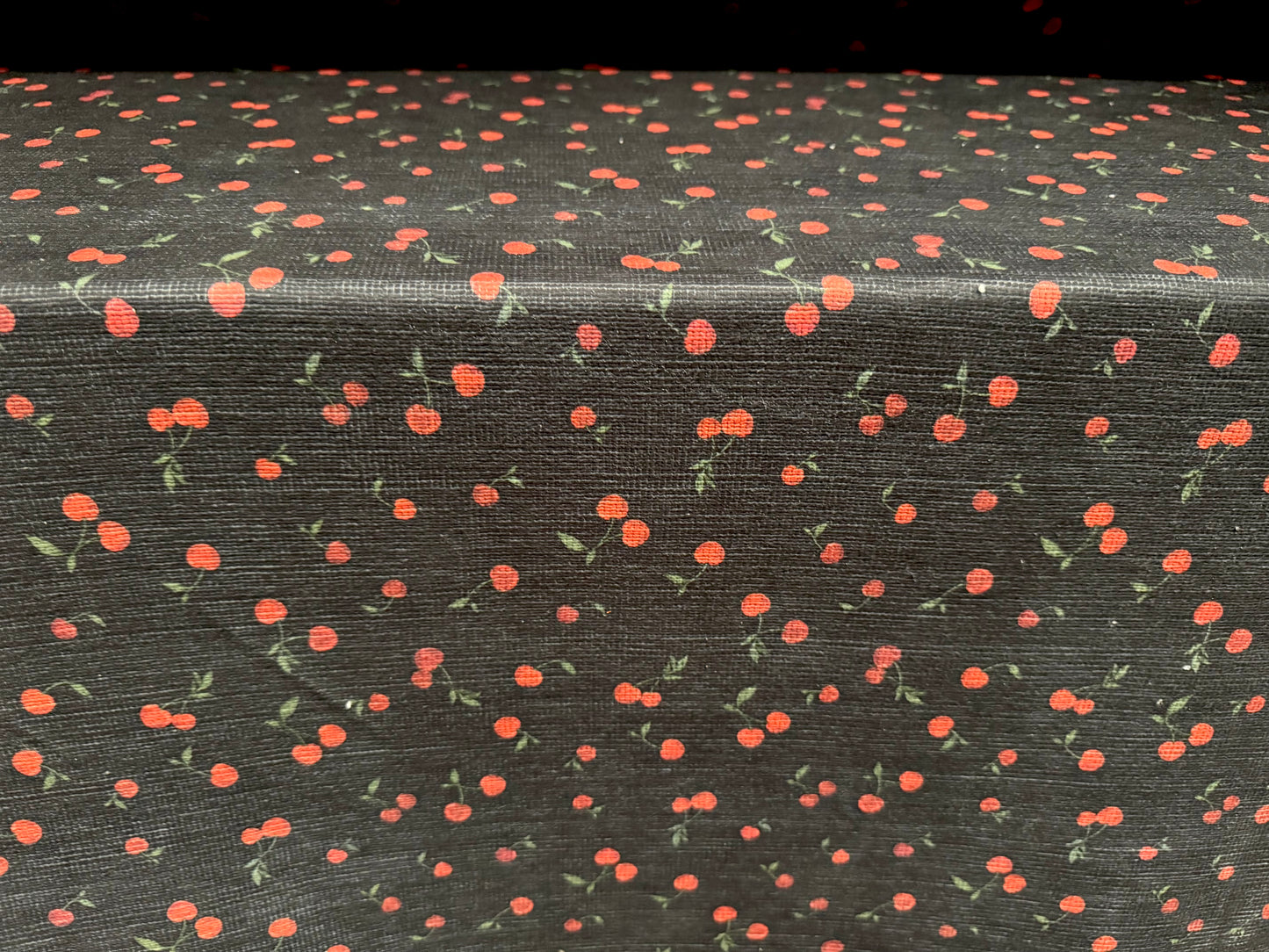 Chenille soft furnishing upholstery fabric, per metre - cherry print - black & red