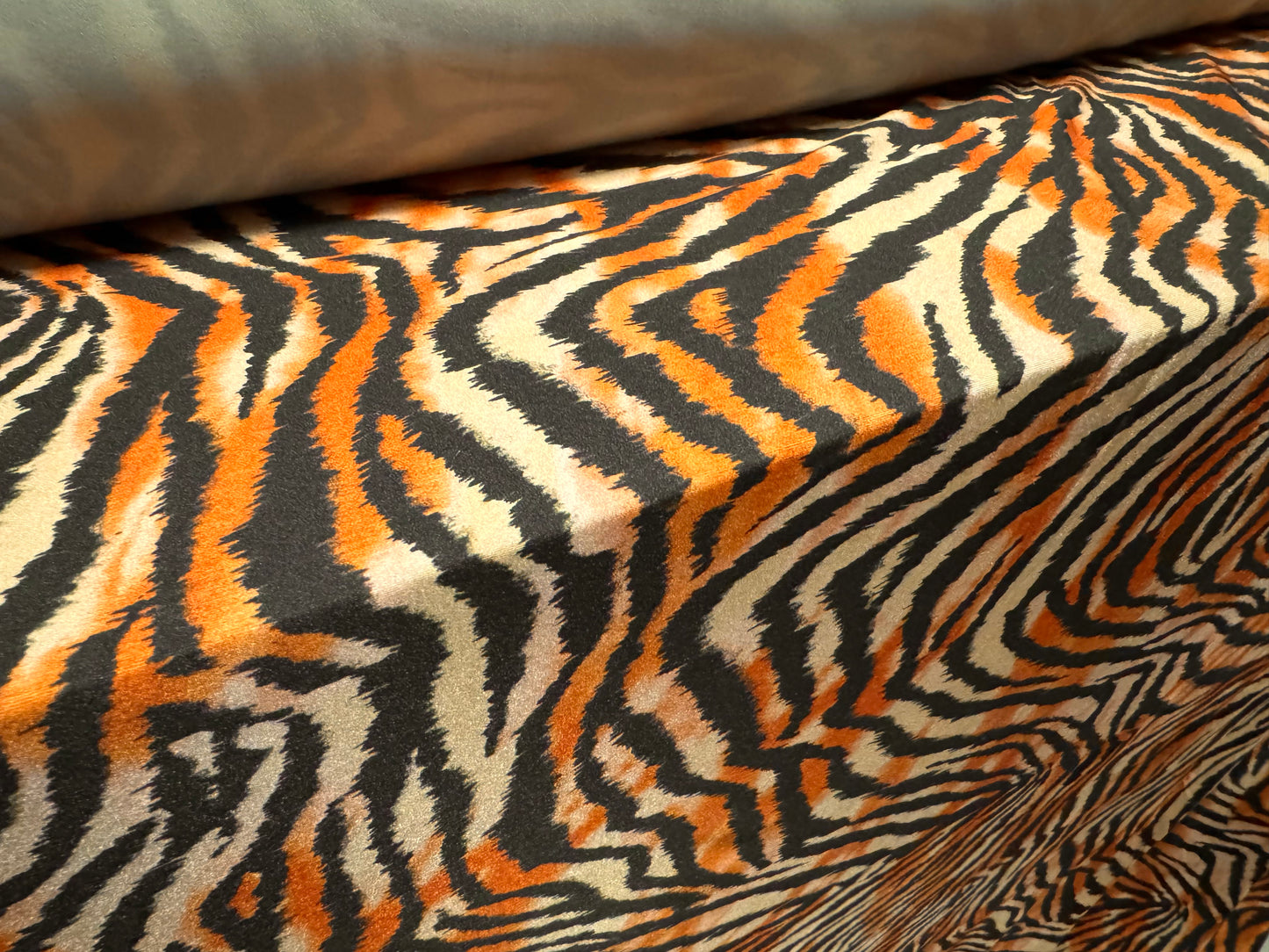 Swimwear stretch spandex jersey fabric, per metre - tiger animal print - orange & black