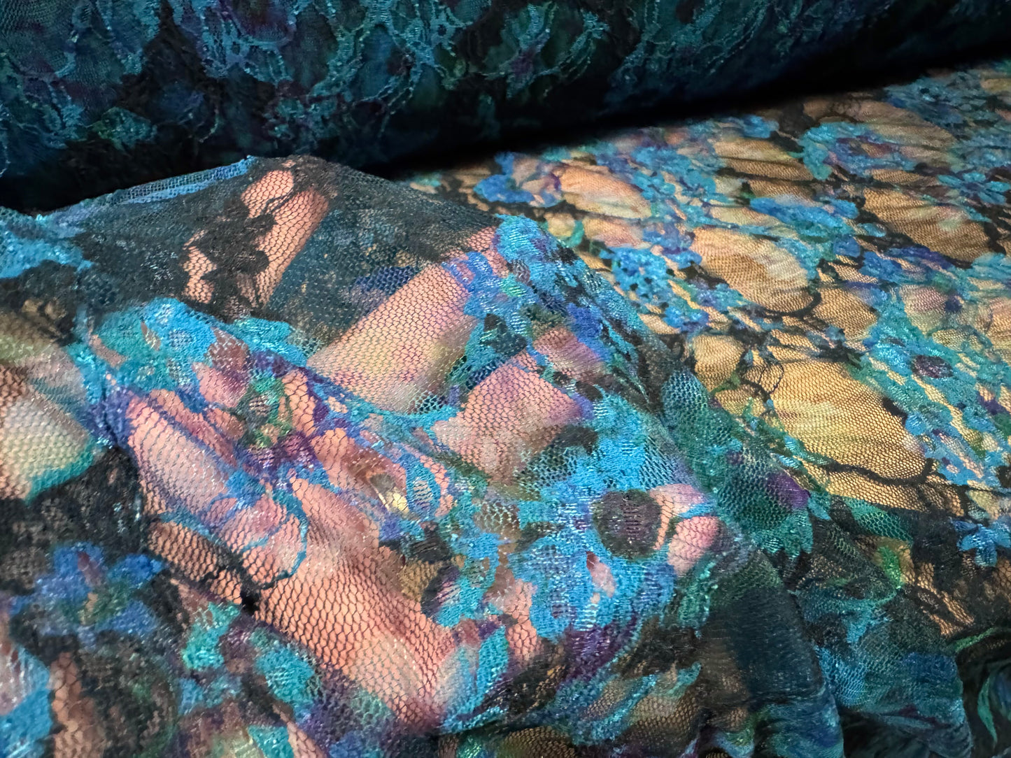 Stretch spandex mesh lace fabric, per metre - floral print - turquoise black & purple