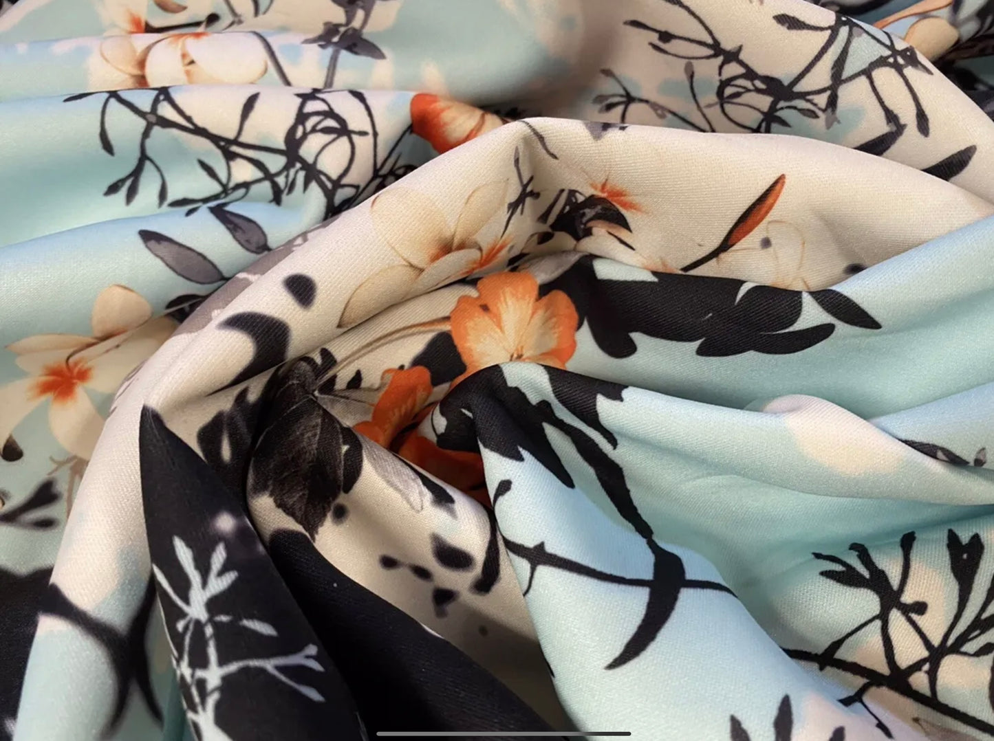 Scuba stretch spandex double jersey dress fabric, per metre - floral shadow print - aqua & peach