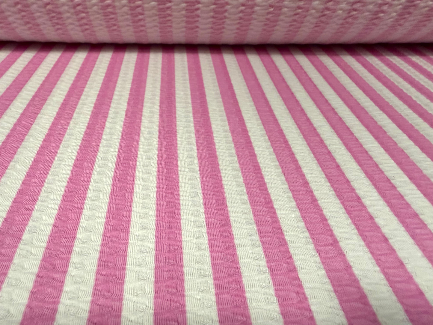 Stretch spandex jersey jacquard fabric, per metre - stripe print - candy pink & white