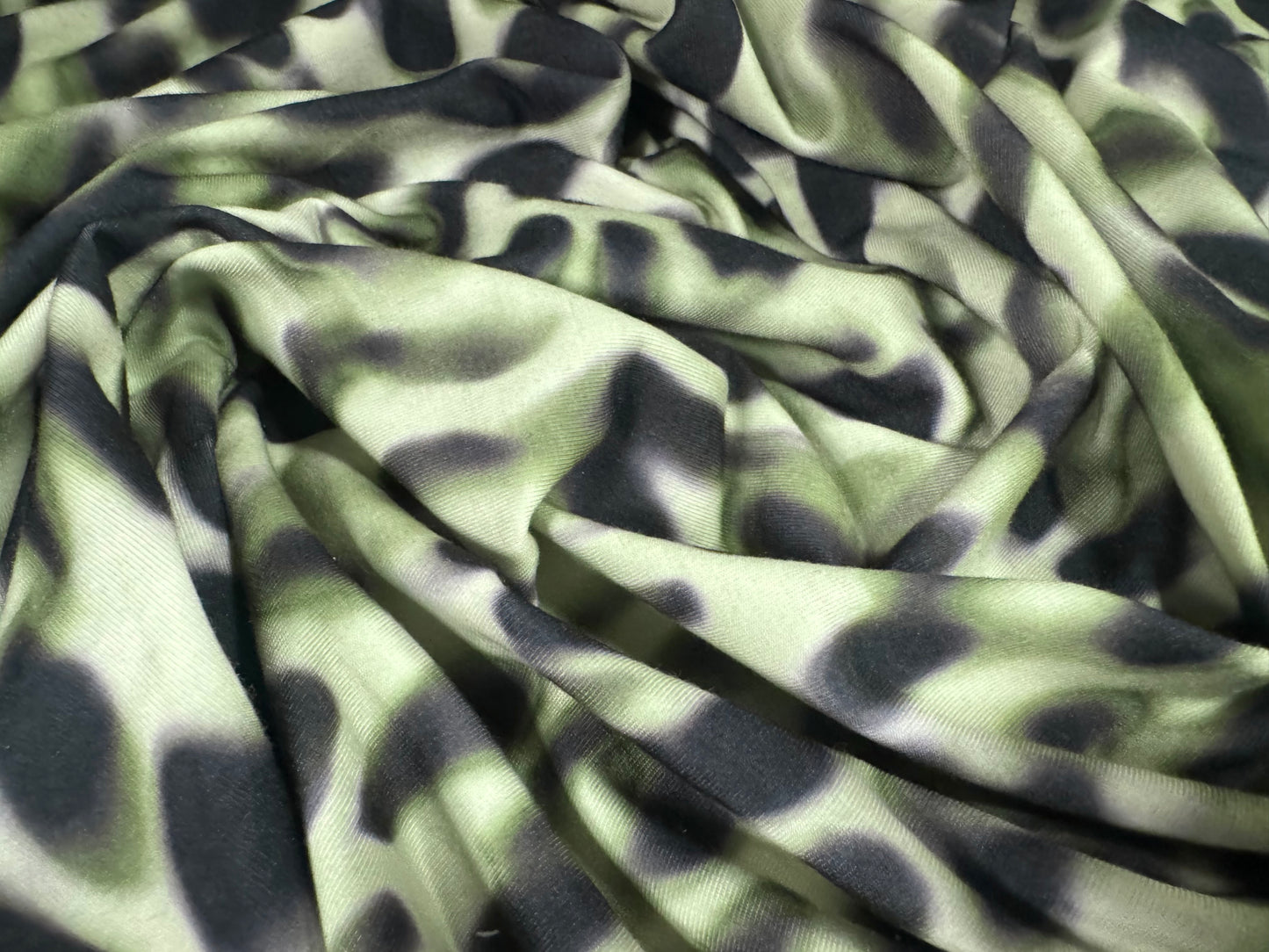 Stretch spandex interlock jersey fabric, per metre - leopard smudge print - sage green