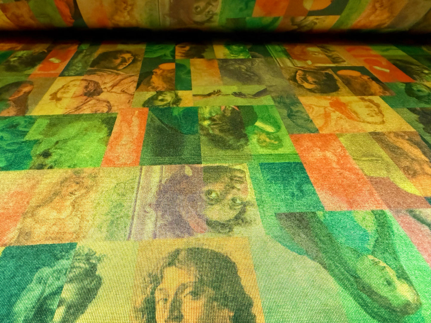 Stretch spandex jersey fabric, per metre - Renaissance Portraits print - green & gold