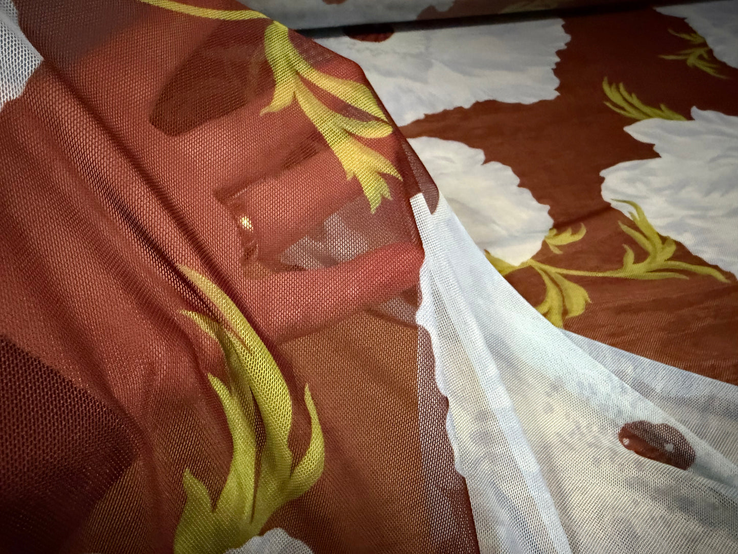 Power mesh net stretch spandex fabric, per metre - flower print - brown & sky blue