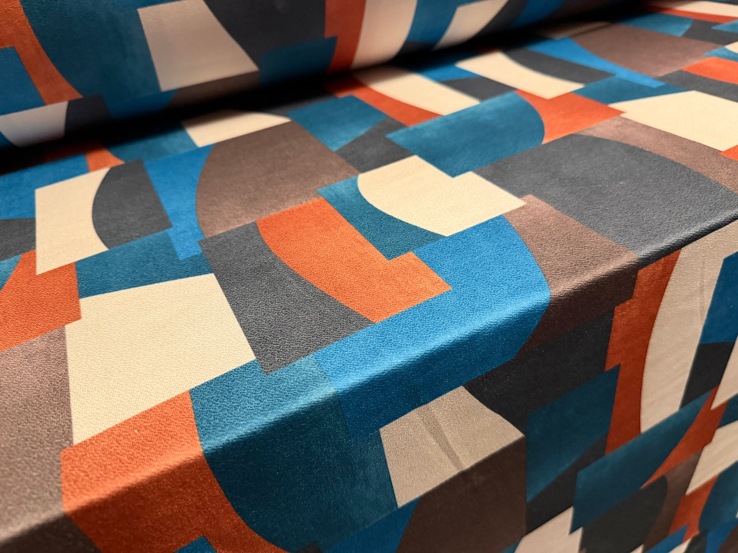 Stretch spandex crepe single jersey dress fabric, per metre - colour block shapes print - teal terracotta & cream
