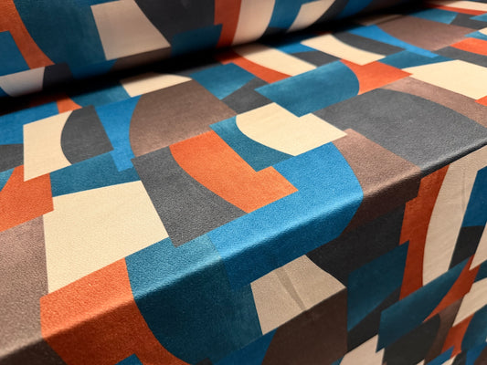 Stretch spandex crepe single jersey dress fabric, per metre - colour block shapes print - teal terracotta & cream