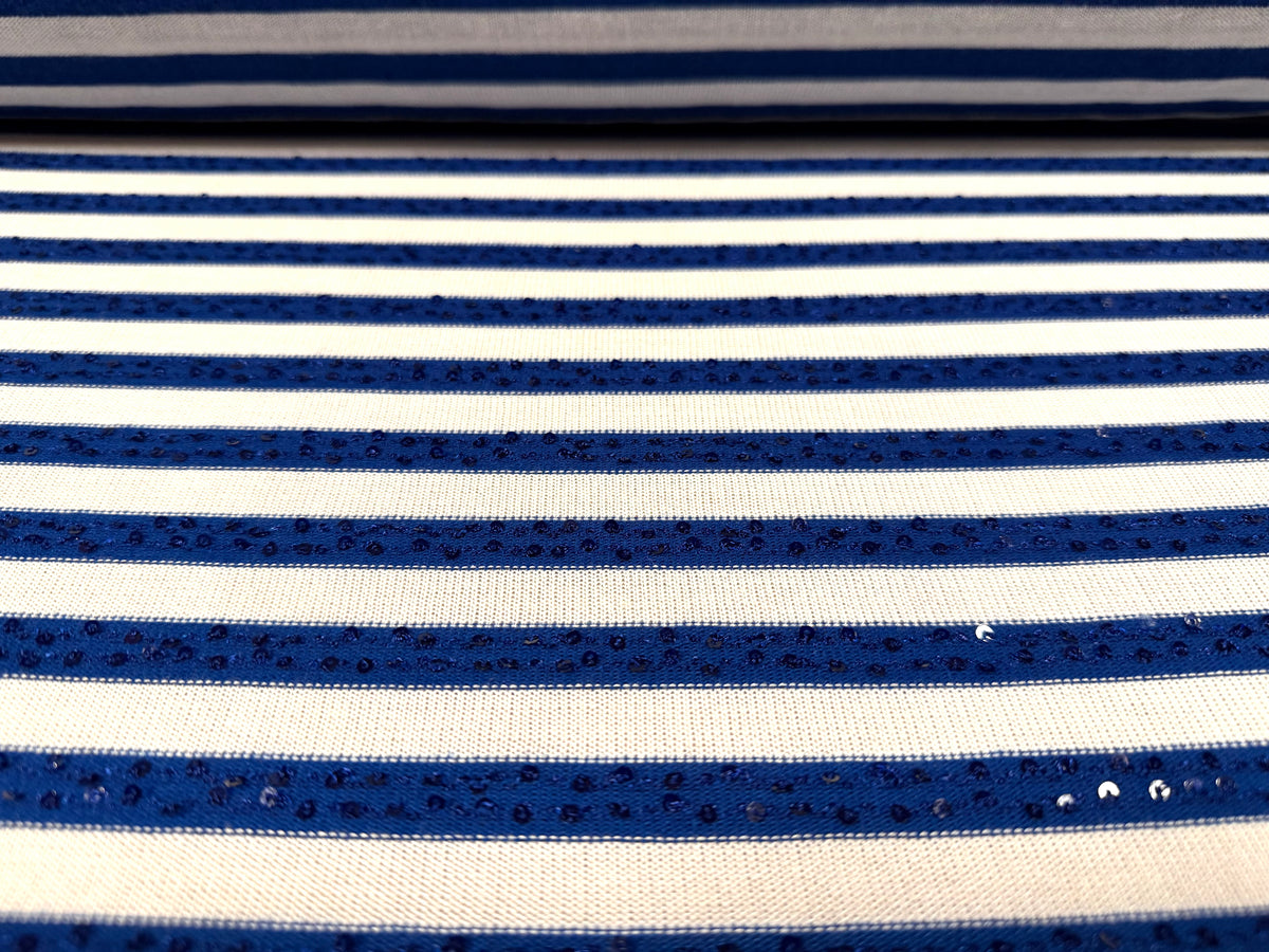 Sequin sparkle jersey knit fabric, per metre - stripe - royal blue & white