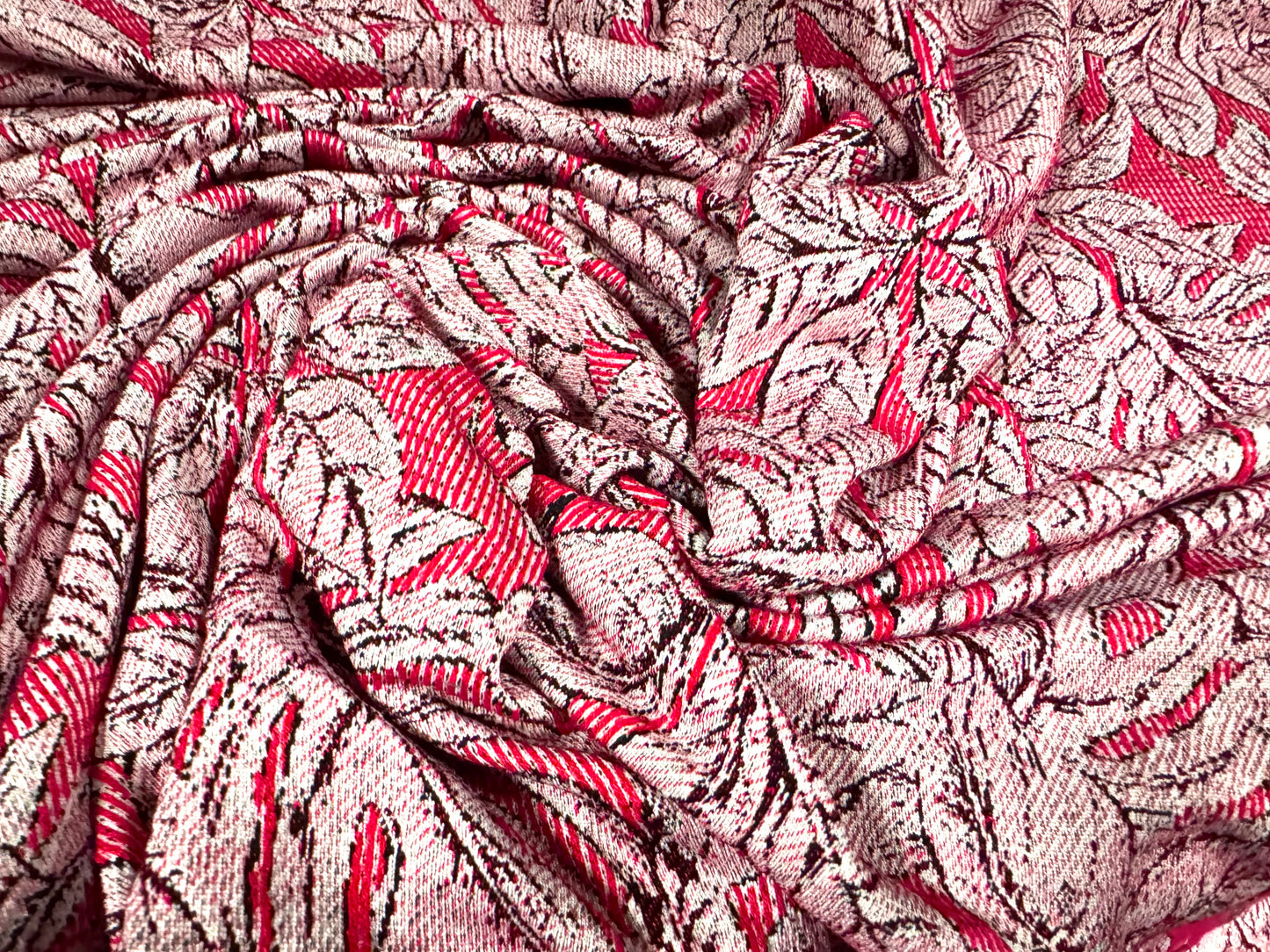 Stretch double jersey fabric, per metre - leaf jacquard - raspberry pink