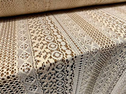 Cotton crochet lace fabric, per metre - floral stripe - cream