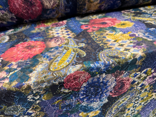 Stretch spandex lace fabric, per metre - paisley rose print - blue & pink