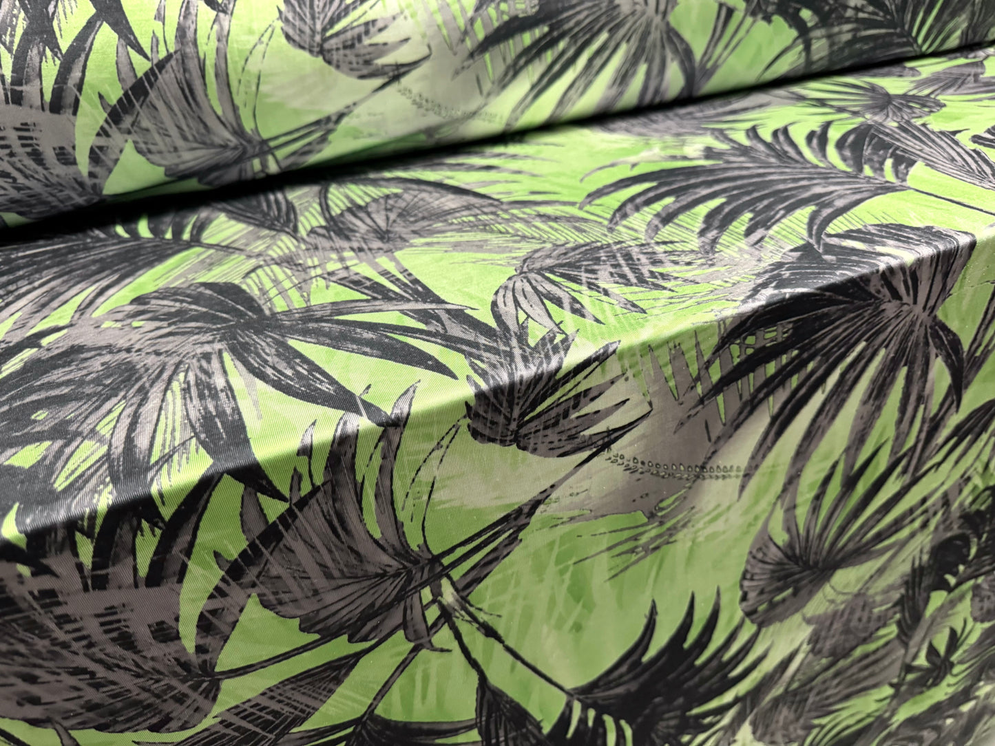 Disco stretch single jersey fabric, per metre - Palm Tree Fronds print - green & grey