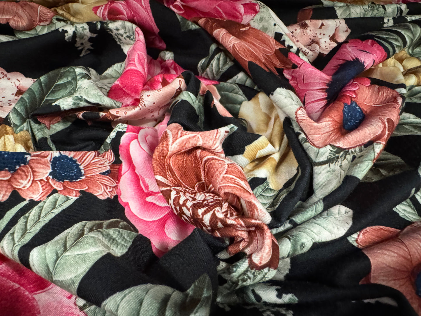 Stretch spandex interlock jersey fabric, per metre - carnations floral print - black & pink