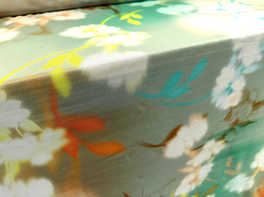 Power mesh net stretch spandex fabric, per metre - floral print - pastel jade