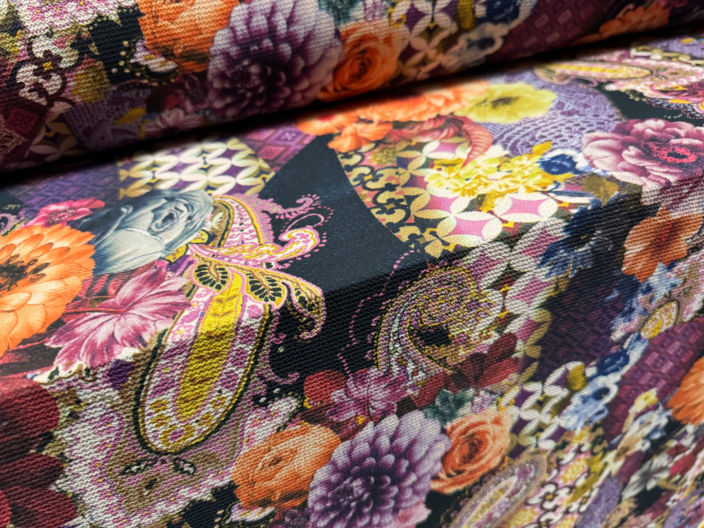 Bubble crepe stretch woven dress fabric, per metre - paisley rose print - magenta & purple