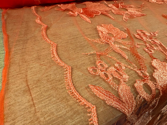 Embroidered tulle mesh net fabric, per metre - floral - scalloped selvedge - orange