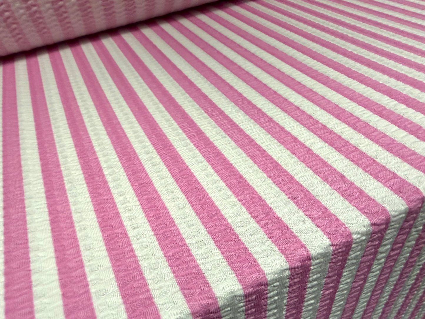 Stretch spandex jersey jacquard fabric, per metre - stripe print - candy pink & white