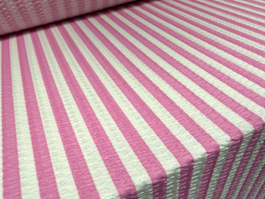 Stretch spandex jersey jacquard fabric, per metre - stripe print - candy pink & white