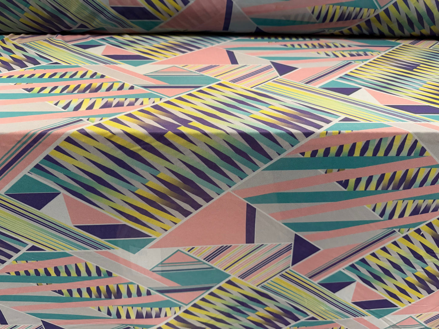 Power mesh net stretch spandex fabric, per metre - geometric print - pink & jade