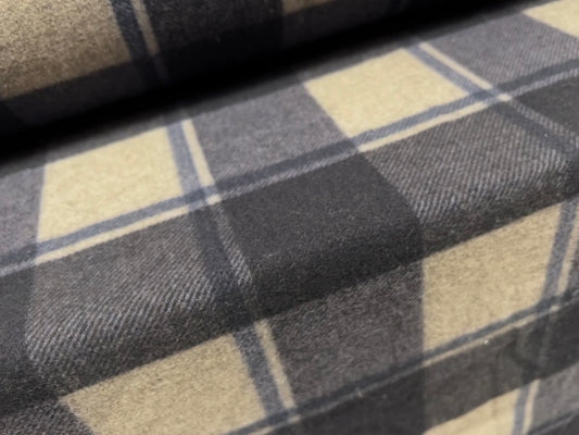 Wool flannel coat jacket fabric, per metre - check - blue & grey