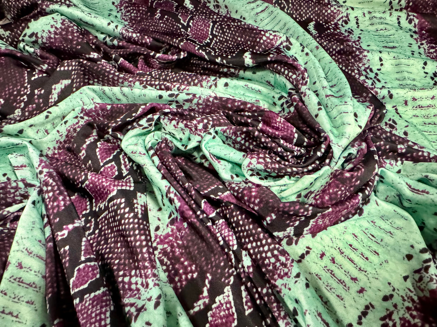 Soft touch stretch spandex single jersey fabric, per metre - snakeskin stripe print - purple & mint