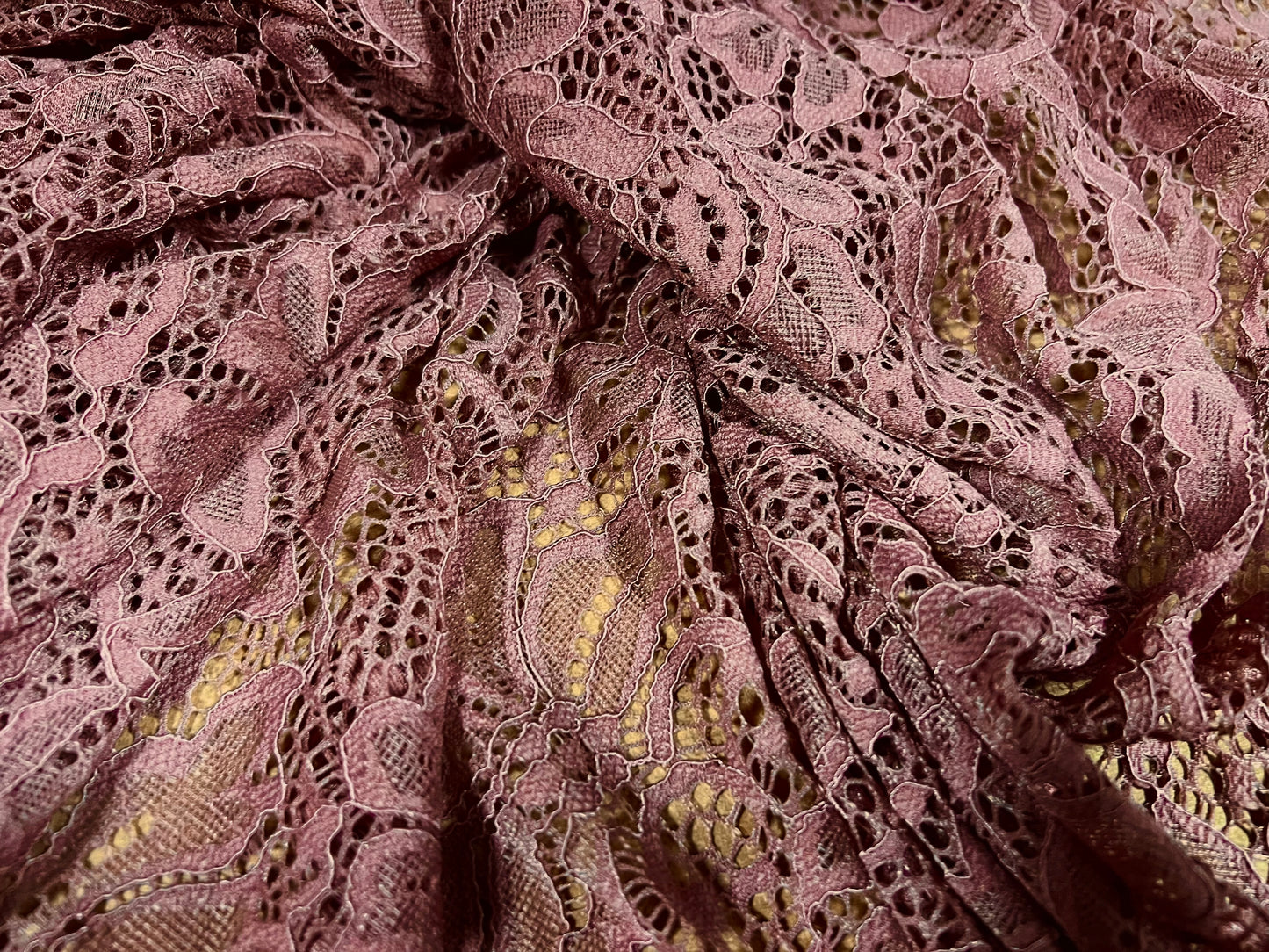 Stretch spandex lace rose floral dress fabric, per metre - scalloped selvedge - dark rose pink