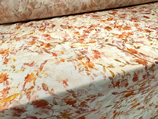 Power mesh net stretch spandex fabric, per metre - floral print - cream & dusky pink