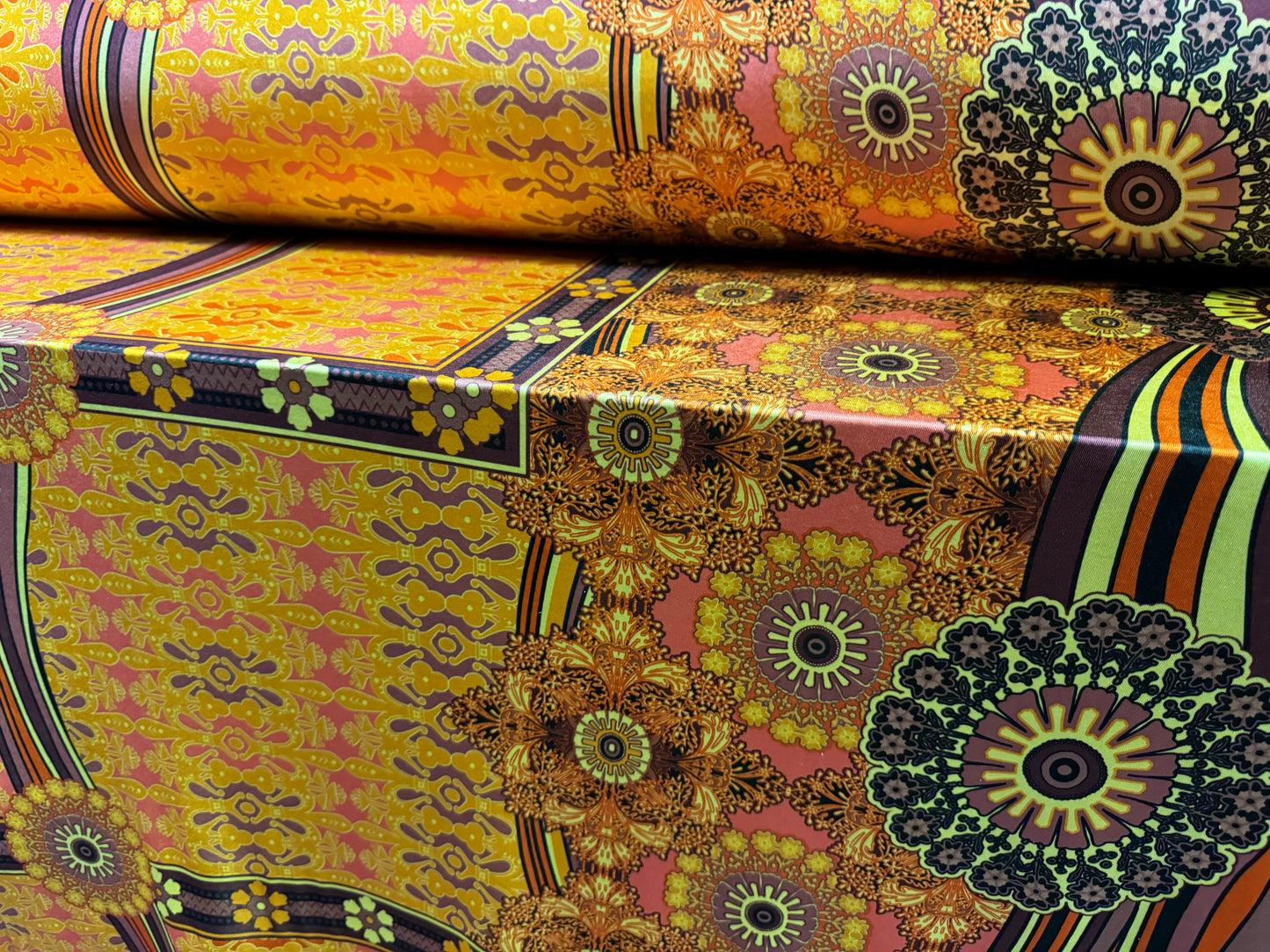 Soft touch stretch spandex single jersey fabric, per metre - retro floral print - gold purple & lime