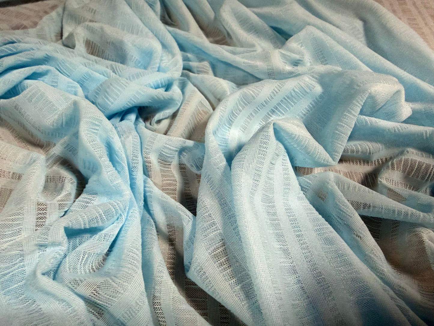 Super stretch mesh fashion fabric, per metre - tramline stripe - sky blue