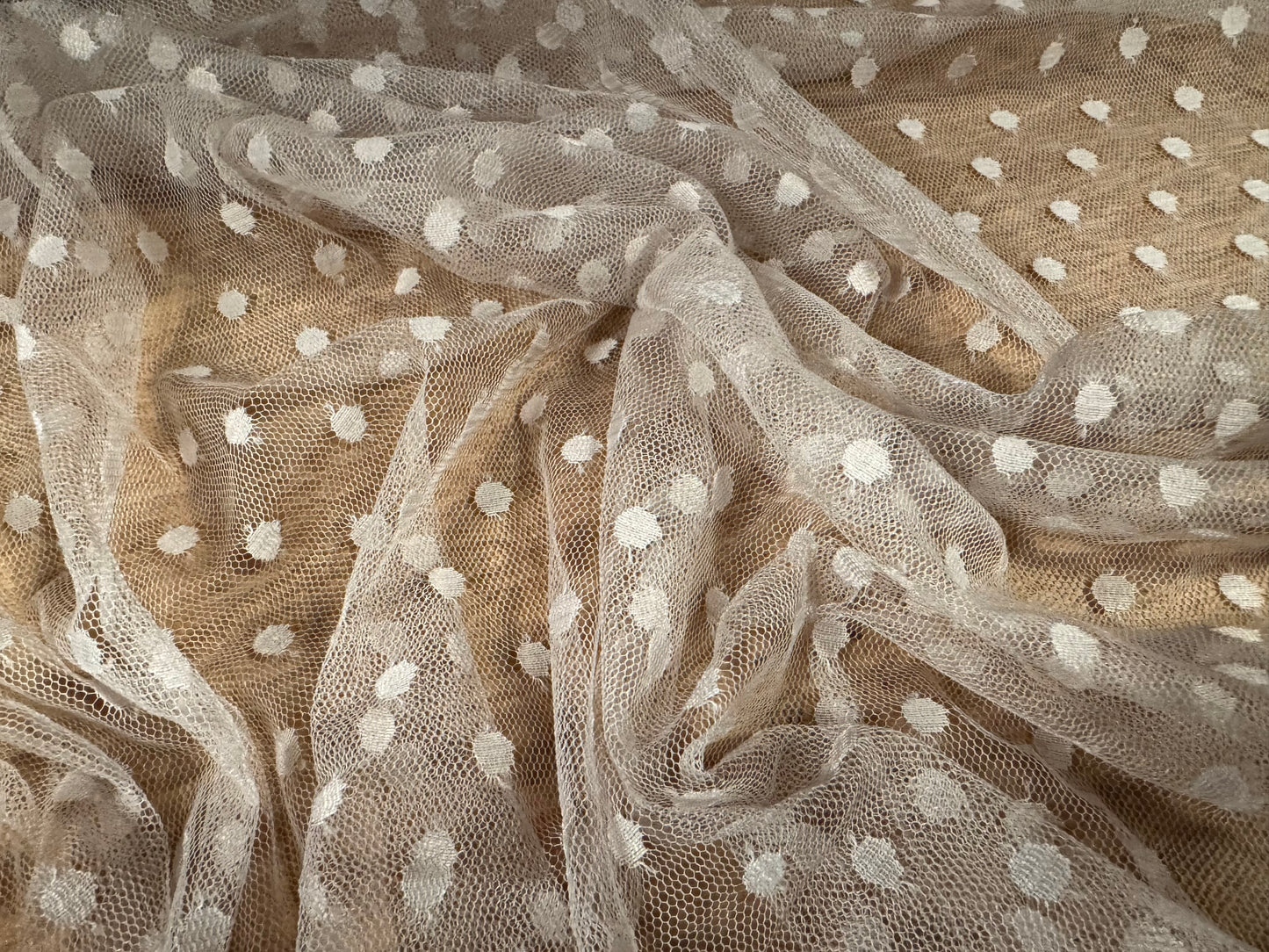Fine lightweight mesh net fabric, per metre - dobby spot - stone