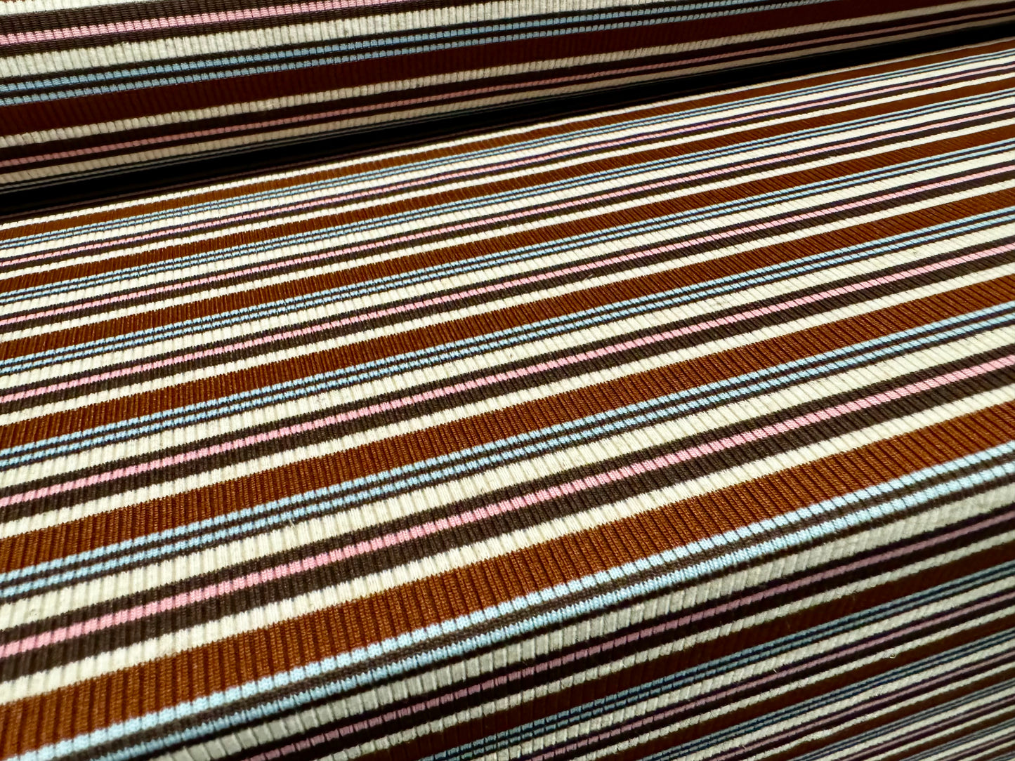 Stretch Spandex rib jersey fabric, per metre - stripe - chestnut cream & blue