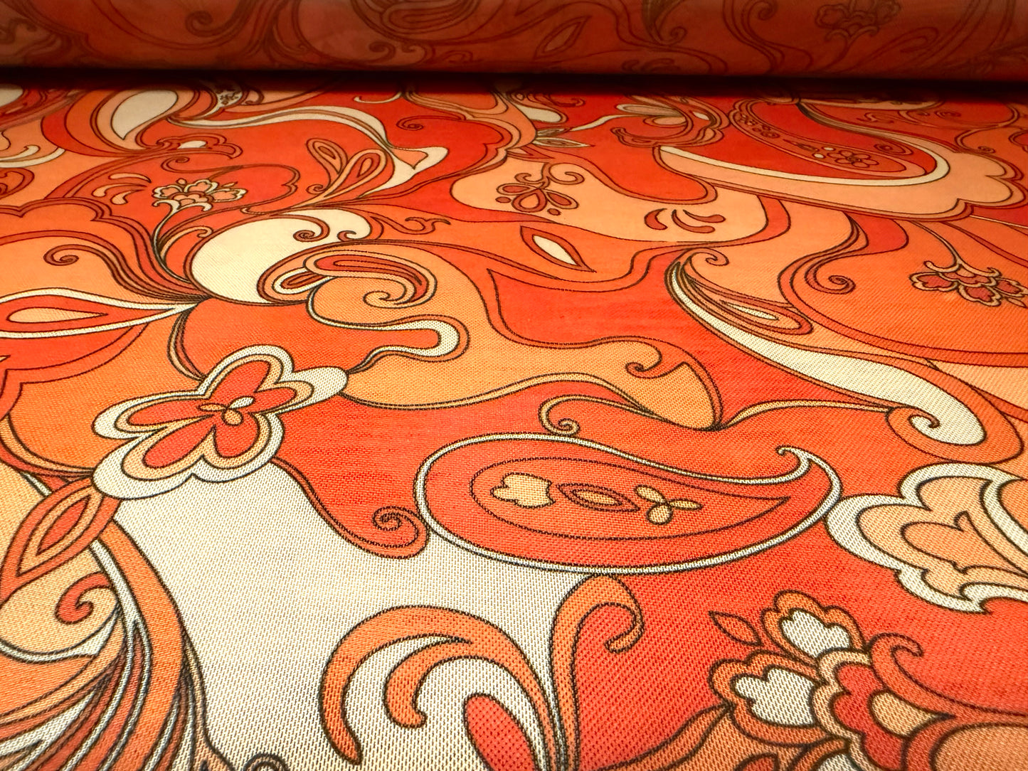 Power mesh net stretch spandex fabric, per metre - hippy swirl print - orange & beige