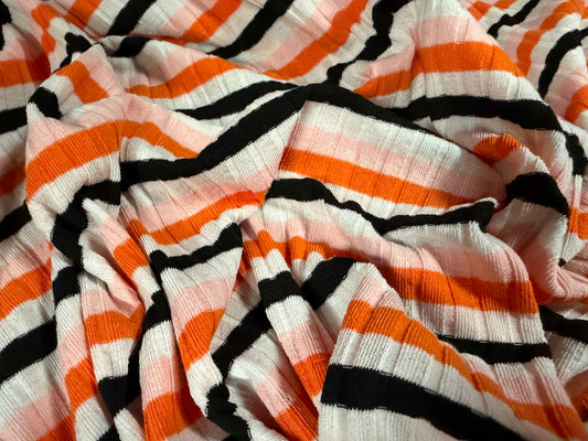 Stretch Spandex rib jersey fabric, per metre - orange pink & ivory