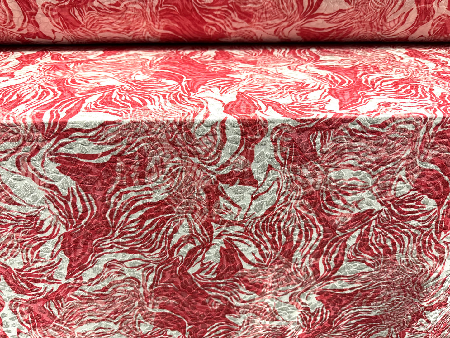 Stretch spandex jersey jacquard fabric, per metre - stylised floral print - pink & ivory