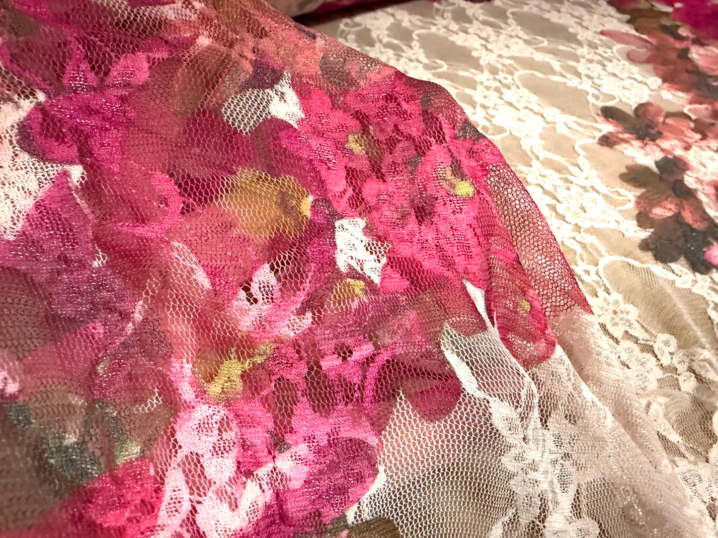 Stretch spandex mesh lace fabric, per metre - floral print - blush & cerise pink