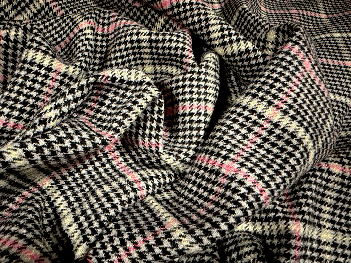 Metallic wool flannel fabric, per metre - dogtooth check with lurex - black lemon & pink