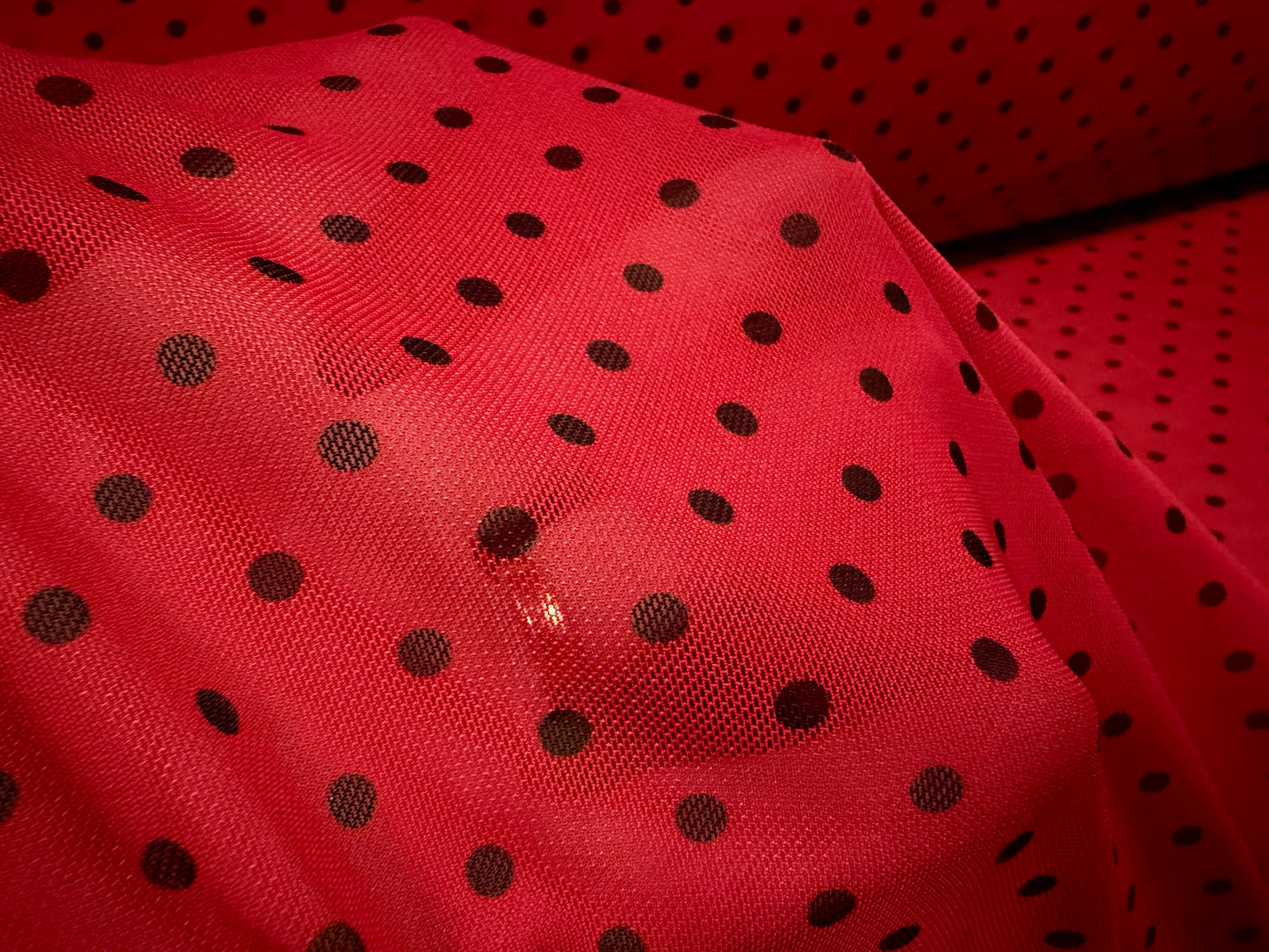 Power mesh net stretch spandex fabric, per metre - ladybird spot print - red & black