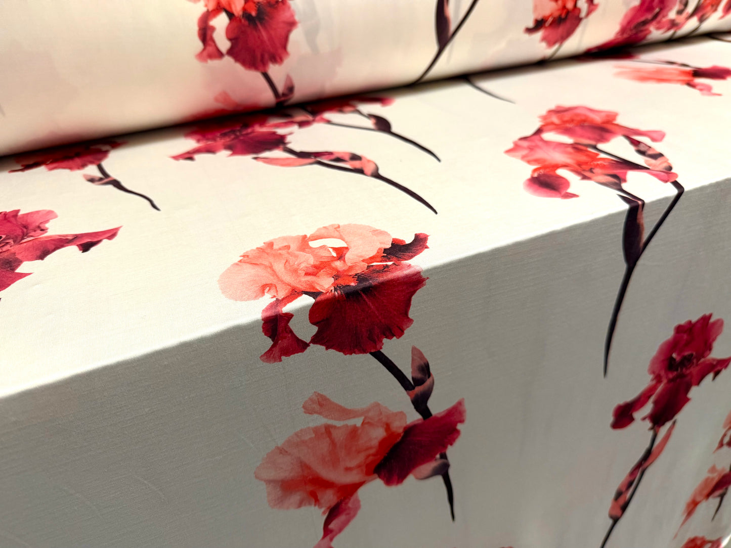 Soft touch stretch spandex single jersey fabric, per metre - Iris flower print - ivory & pink