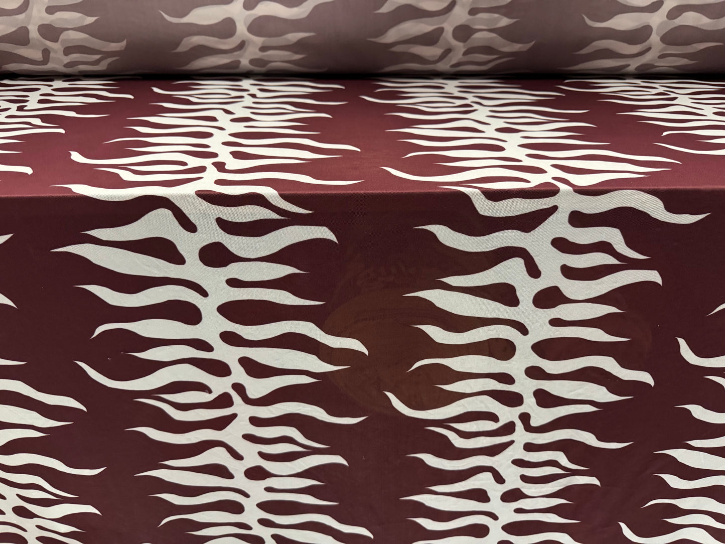 Power mesh net stretch spandex fabric, per metre - flame tattoo print - mulberry
