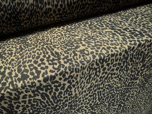 Power mesh net stretch spandex fabric, per metre - micro leopard print - stone & black