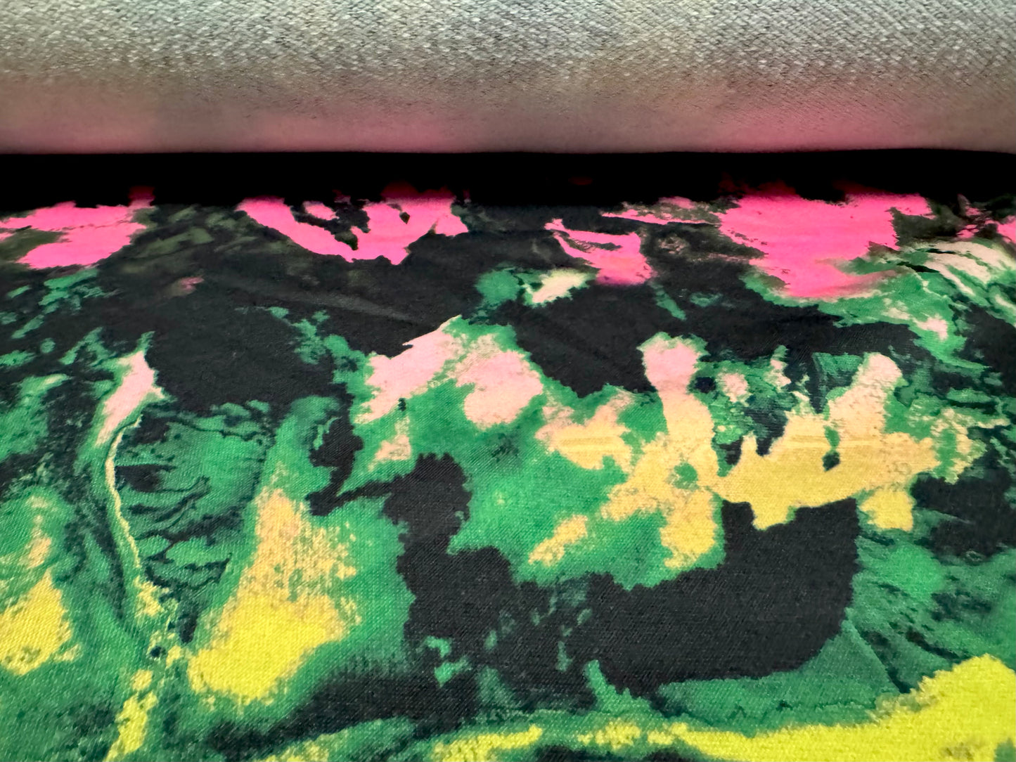 French Terry loopback sweatshirt jersey fabric, per metre - jungle tie dye print - black pink yellow & green