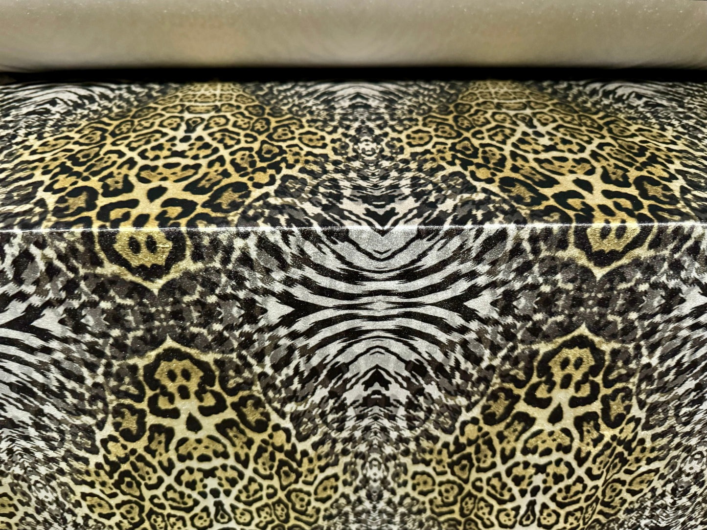 Spandex velvet stretch dress fabric, per mere - leopard safari print - taupe & gold