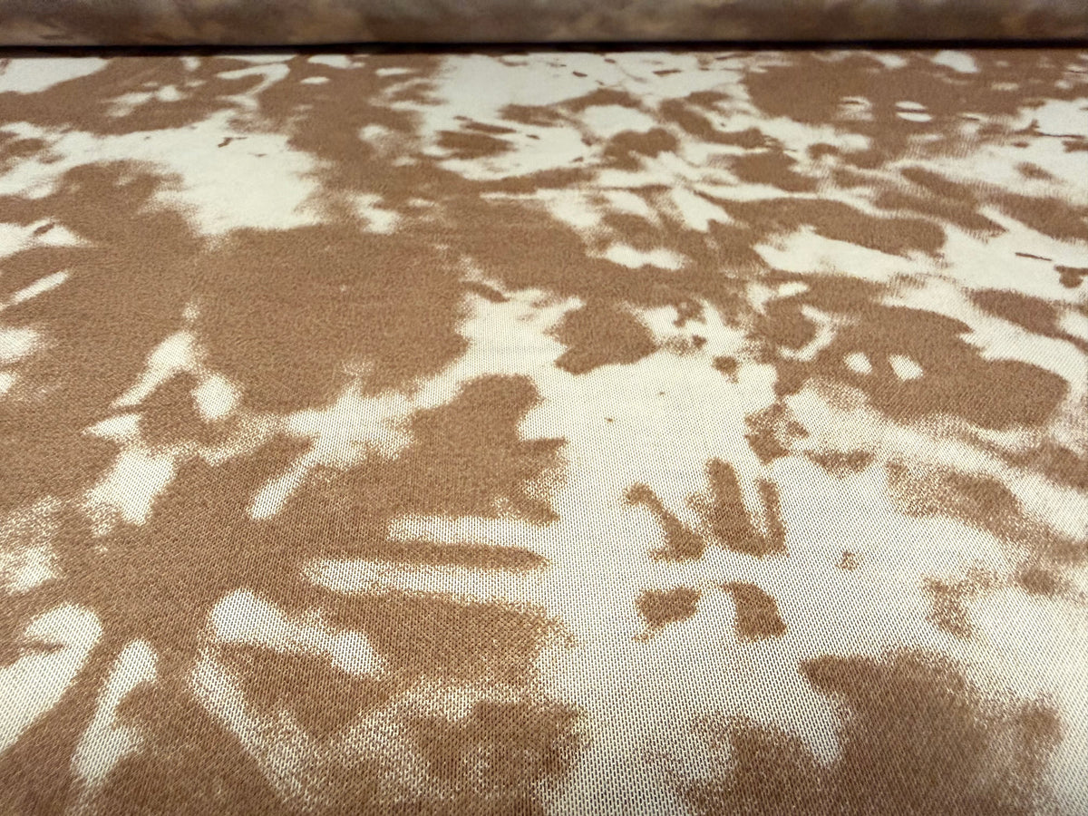 Power mesh net stretch spandex fabric, per metre - abstract print - cream & brown