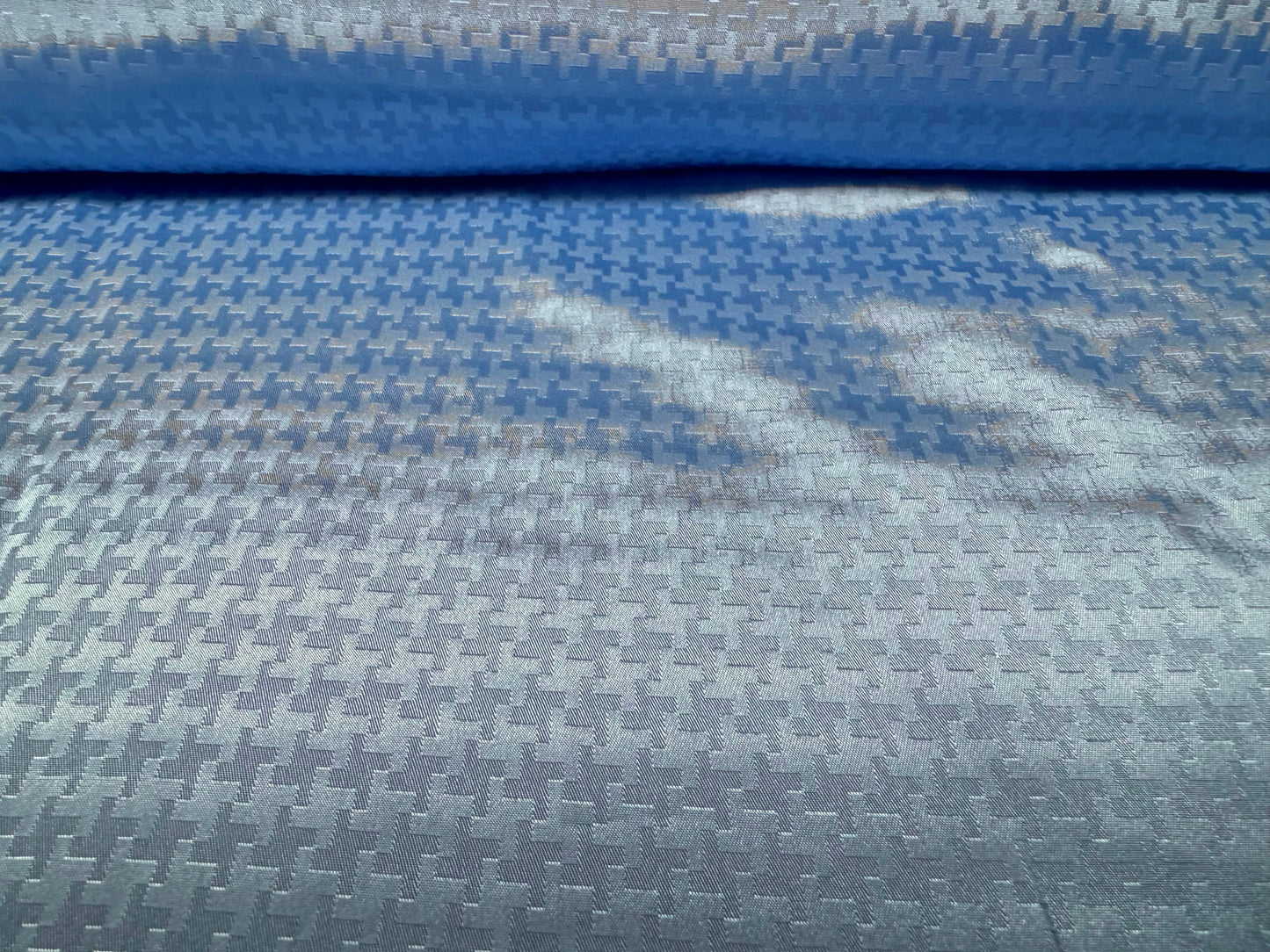 Silky satin woven fabric, per metre - dogtooth jacquard - sky blue