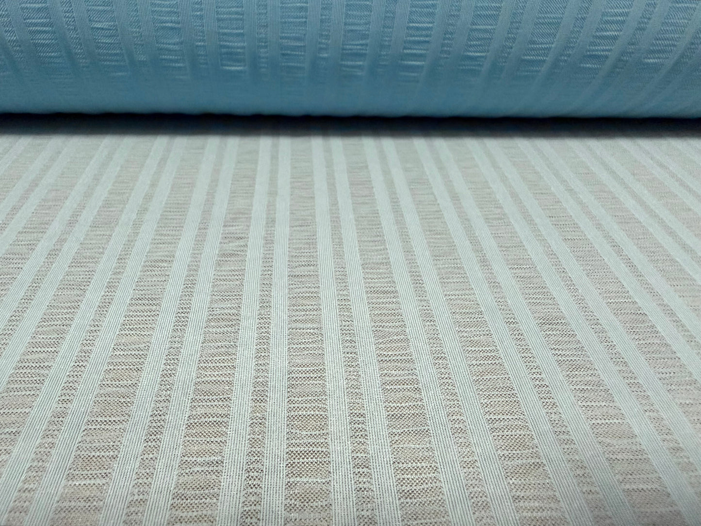 Super stretch mesh fashion fabric, per metre - tramline stripe - sky blue