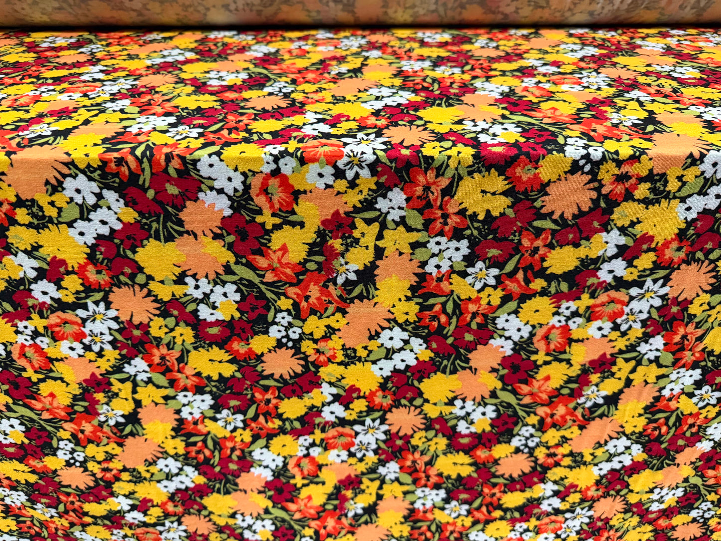 Soft handle stretch single jersey fashion fabric, per metre - Marigold print - orange yellow & red